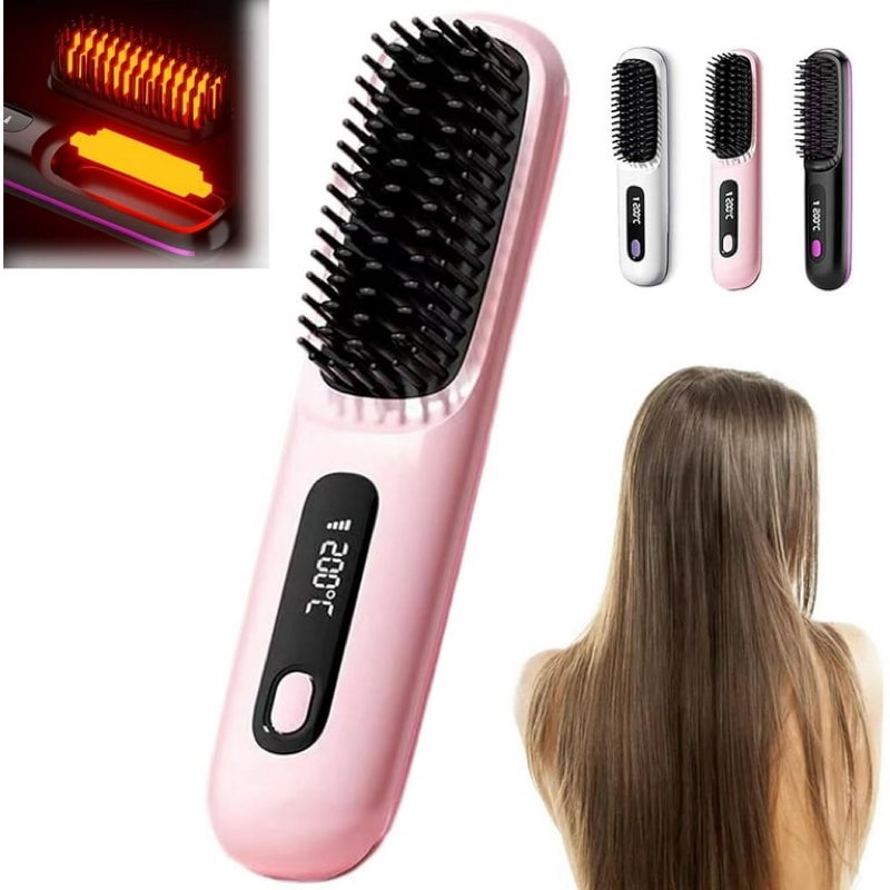 numoya go brush pro, numoya portable straightener brush, numoya straightener rechargeable cordless mini hair straightener comb, fast heating cordless mini hair straightener brush (pink)