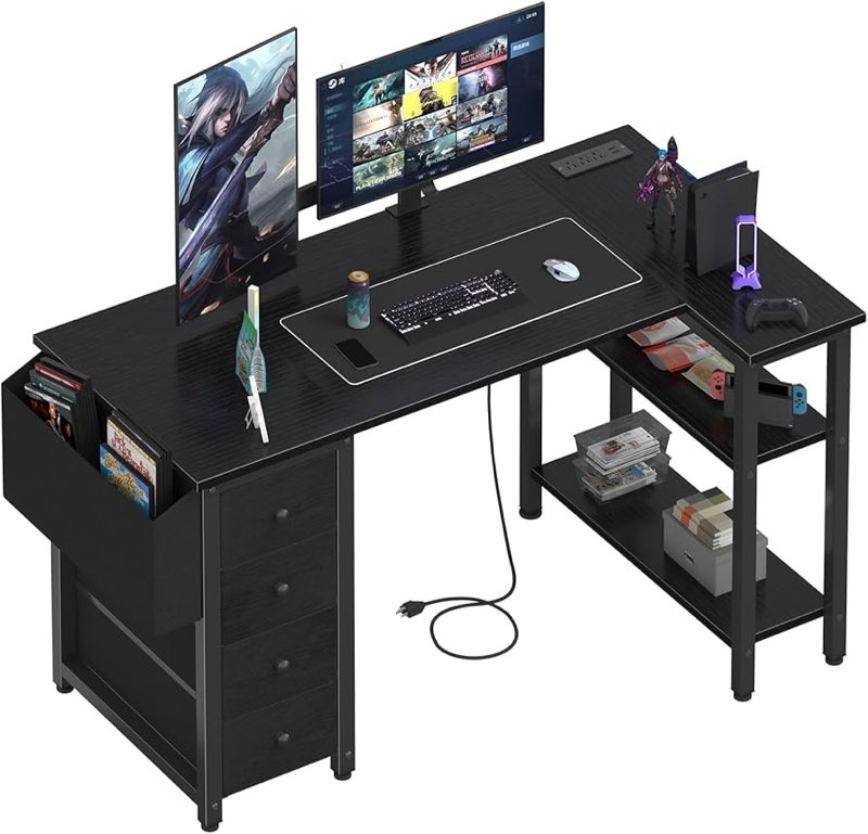 lufeiya black gaming desk with led lights and power outlets, 47 inch computer desk with fabric drawe