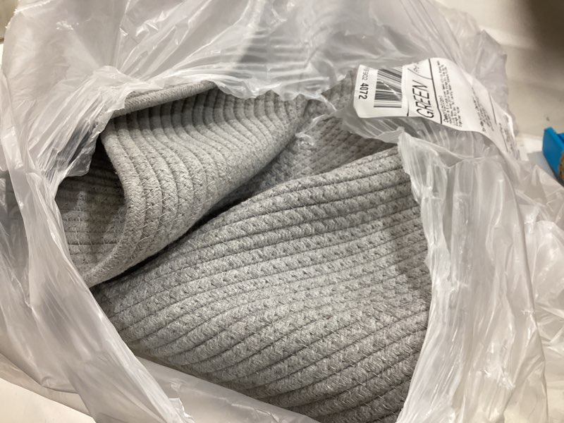 Condition photo showing Good Condition for 18" x 14" large wicker basket with lid, blanket basket living room, woven cotton rope storage bin, kids dog toy storage bin box, tall laundry hamper, blankets pillows organizer holder grey