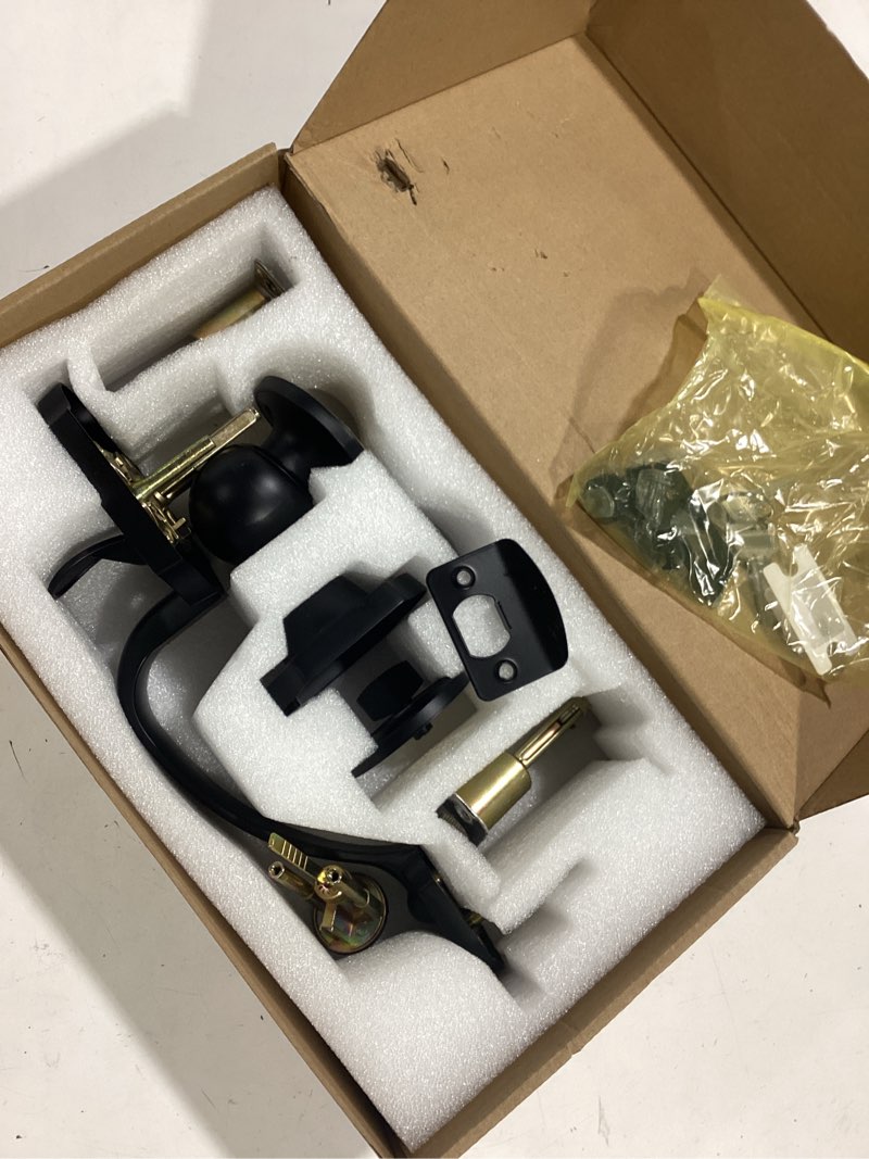 Condition photo showing As Is for estmoon front door lock set matte black exterior door handle, deadbolt lock with interior door knob for entry doors, front door handle and single cylinder deadbolt reversible for left &right hand door