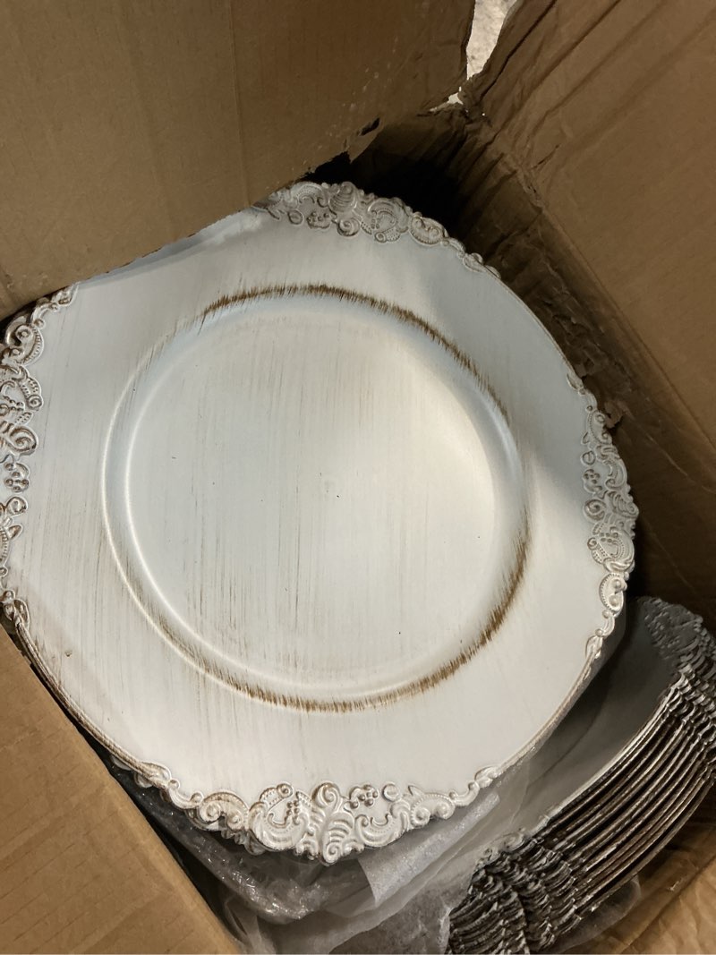 Condition photo showing Good Condition for maoname 13" antique white charger plates set of 100, embossed plate chargers bulk, round charger for dinner plates, plastic table chargers for wedding decor