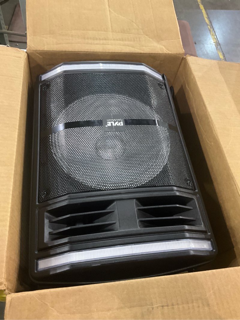 Condition photo showing As Is for Pyle Portable Bluetooth PA Speaker System - 600W Bluetooth Speaker Portable PA System W/ Rechargeable Battery, Party Lights, MP3/USB SD Card Reader, Rolling Wheels - Pyle PPHP1044B