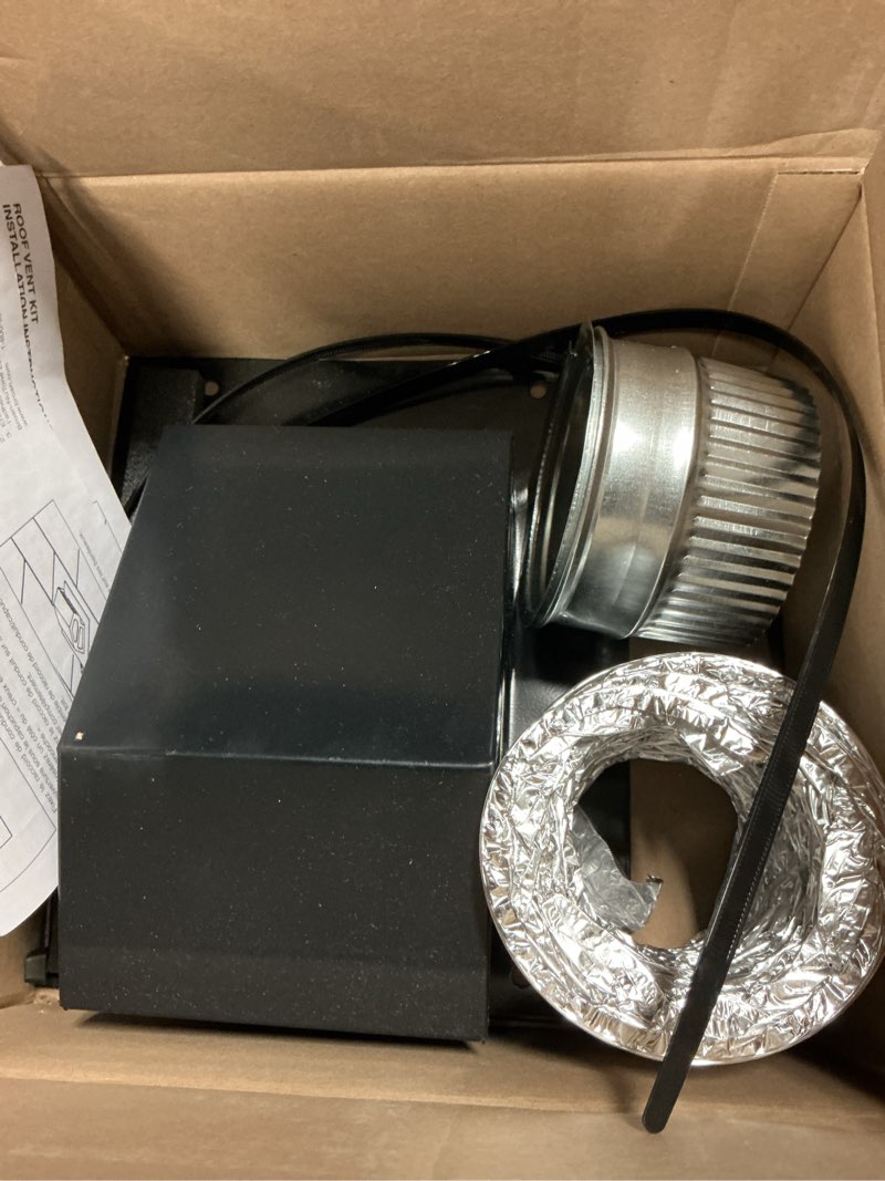 Condition photo showing New/Like New for broan-nutone 11 in. h x 11 in. w x 9.25 l x 4 in. d powder-coated black steel roof vent