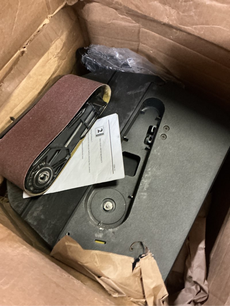Condition photo showing As Is for 4a variable speed oscillating belt and spindle sander - 4x24" belt, 5 sanding sleeves, 1000-1800rpm adjustable speed control for woodworking projects - efficient dust collection for smooth finishes yellow belt: 4x24", spindle: 1/2" - 2", 4.0a