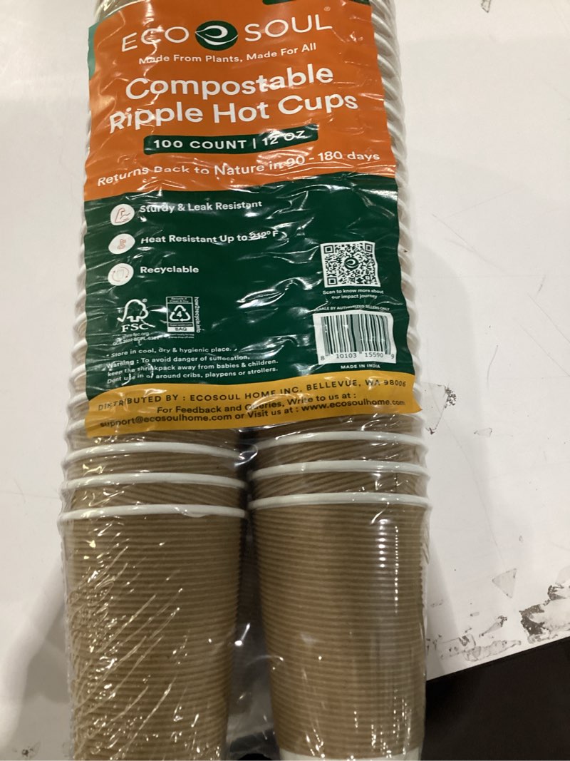 Condition photo showing New/Like New for ECO SOUL 12oz Compostable Ripple Cups (100 Pack) – Biodegradable Paper Cups, Non-Toxic Disposable Cups for Hot Drinks, To-Go Coffee Cups, Eco-Friendly & Ripple Paper Cups 100 12 Oz