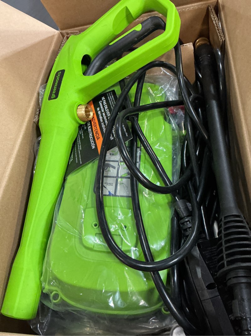 Condition photo showing As Is for greenworks 1800-psi 1.2-gpm cold water electric pressure washer with 2 spray tips
