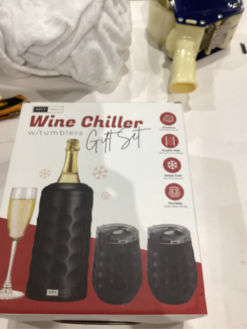 Condition photo showing New/Like New for Wine lovers gift NIFTY TOOLS Portable Double Wall Insulated Vacuum Stainless Steel Wine Champagne Bottle Chiller gift set w/two tumblers (Black)