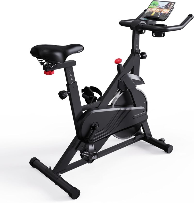 superun exercise bike, stationary bikes for home gym with 32-level magnetic resistance, 300lbs capacity indoor cycling bike with comfortable seat, led display light green
