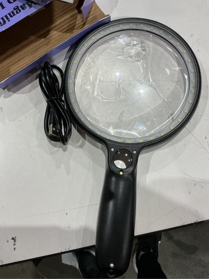 Condition photo showing Good Condition for large magnifying glass with 37 led light, 10x 20x 45x handheld illuminated lighted magnifier with 3 light modes rechargeable magnifying glass for seniors reading, inspection (white & black) white & black magnifier with light (no case)