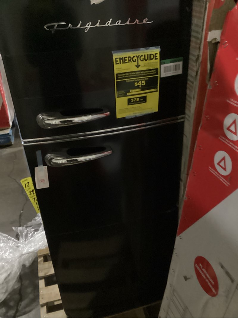 Condition photo showing As Is for (Similar to) Frigidaire Retro Apartment Size Refrigerator with Top Freezer - 2 Door Fridge with 7.5 Cu Ft of Storage Capacity, Adjustable Spill-Proof Shelves, Door & Crisper Bins, RGWHITE