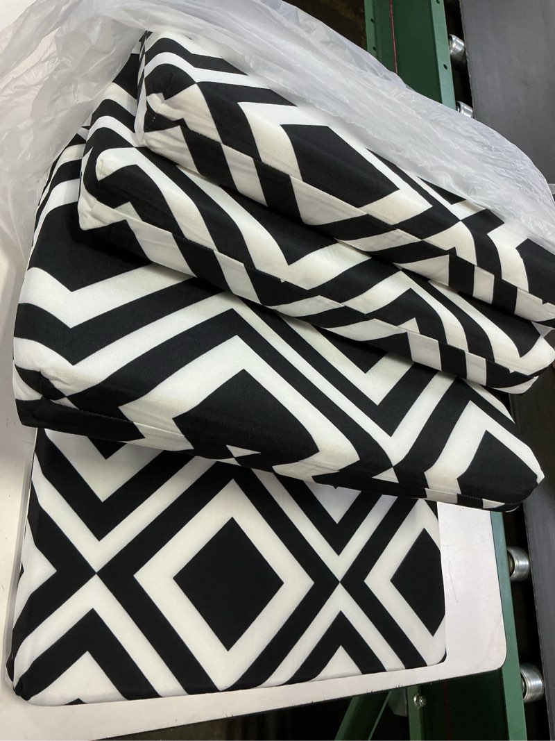 Condition photo showing Good Condition for cozyide outdoor chair cushions, waterproof patio seat cushions with adjustable straps, round corner patio chair cushions for garden, black geometry, 17x16x2 inch (pack of 4) black geometry 17x16x2 inch (pack of 4)