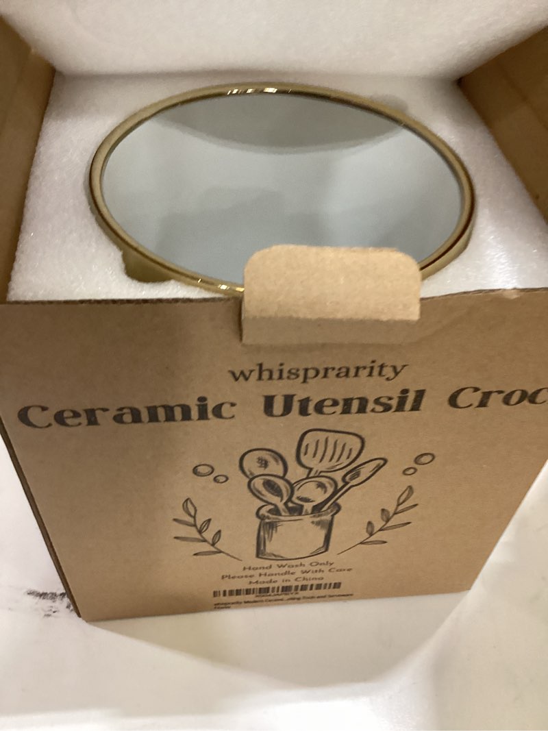 Condition photo showing New/Like New for modern ceramic kitchen utensil holder - white with gold rim with non-slip base - elegant caddy for cooking tools and serveware