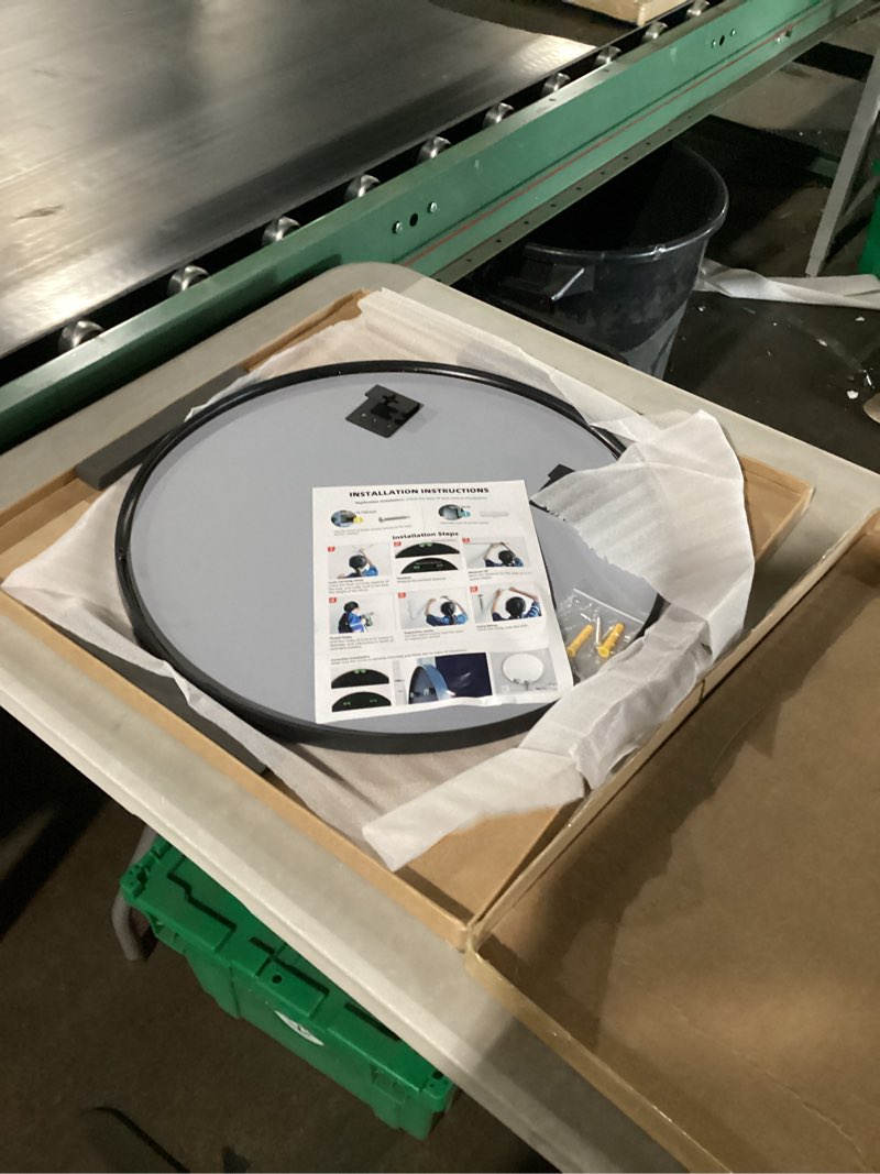 Condition photo showing Good Condition for round mirror, wall mounted circle mirror with brushed metal frame, circular mirrors for for bathroom, living room, vanity, bedroom, entryway, 20inch, black black 20x20inch