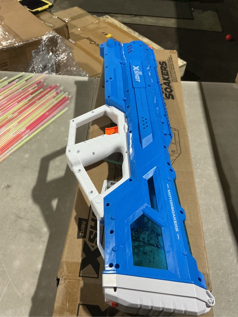 Condition photo showing As Is for xshot water hydra pulse motor soaker by zuru, motorized blaster watergun, water blaster, water toys, fills with water in just 1 second, rechargeable battery (blue)
