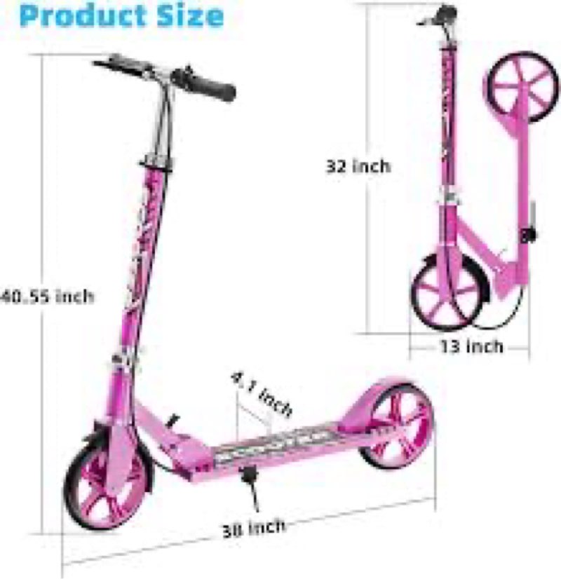 kick scooter for ages 6+, for kids, teens, and adults, max load 240 lbs, foldable, 8-inch big wheels for kids and adults, with kickstand, 3 adjustable levels, child safety approved, pink