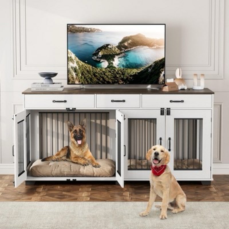 71'' Double Dog Crate Furniture, Large Dog Kennel Indoor with 3 Storage Drawers and Removable Divide