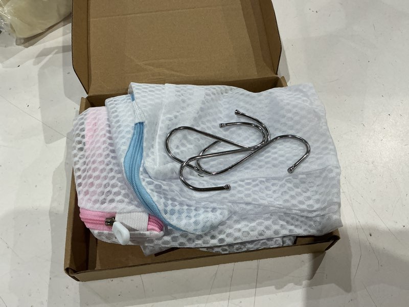 Condition photo showing Good Condition for 3pcs hanging laundry bags for socks with s hooks, 12 x 10 inch 3 color mesh laundry bags for washing machine