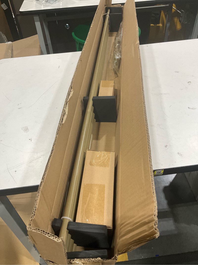 Condition photo showing New/Like New for oak wood grain window rods, double curtain rod 72-144” telescoping length 1inch diameter front poles and 5/8inch diameter back poles oak wood 72-144"