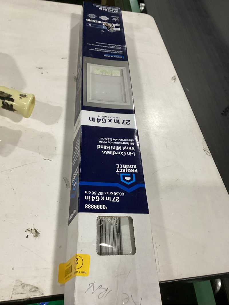Condition photo showing As Is for (SIMILAR TO STOCK PHOTO)Cordless 1 Inch Window Blinds, Mirrotek Cordless Blinds Light Filtering Mini Blinds (27\" x 64\") 64\"W x 27\"H White