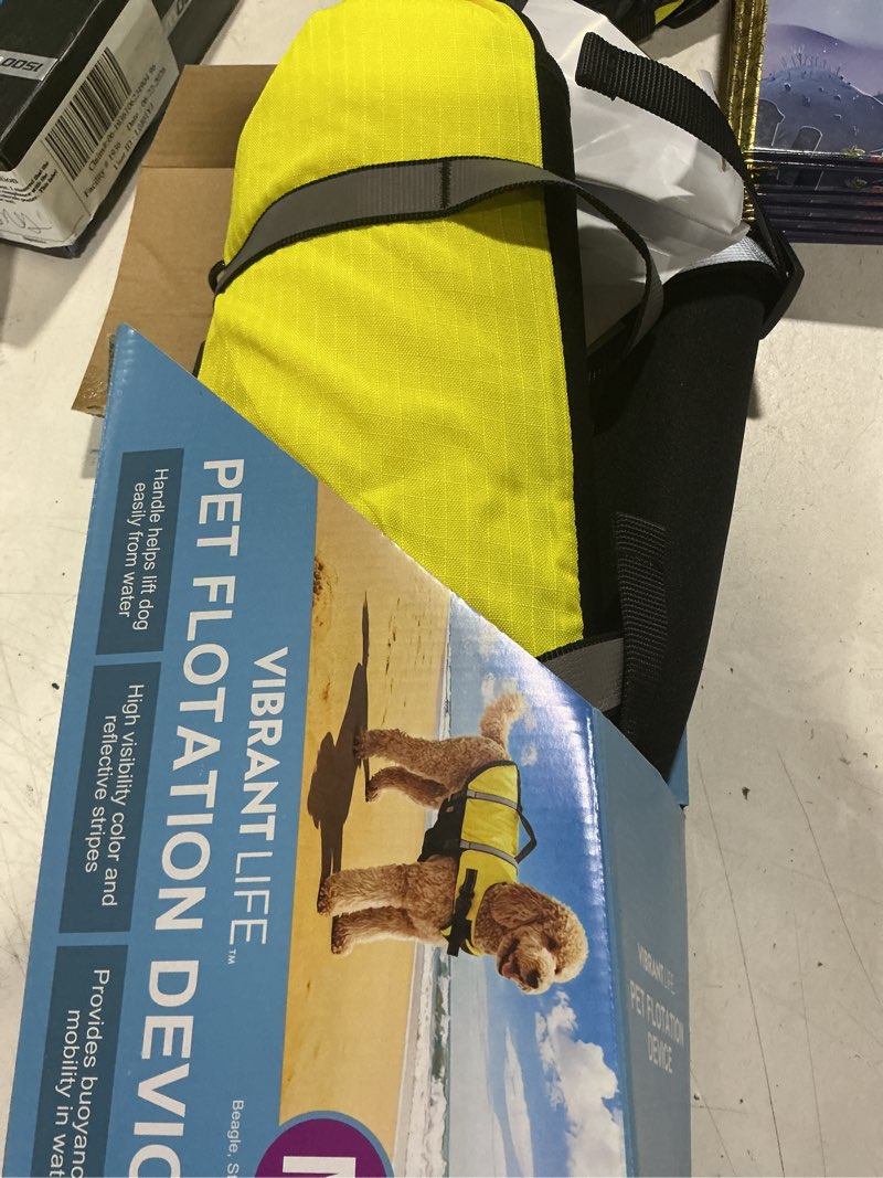 Condition photo showing As Is for vibrant life high-visibility dog floatation device, yellow, m