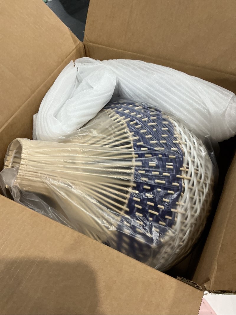 Condition photo showing As Is for Arturesthome Hand-Woven Rattan Chandelier, Rattan Pendant Light Fixtures Ceiling, Wicker Hanging Lamp for Dining Room Bedroom Kitchen Island Blue 15.7" * 15.7"