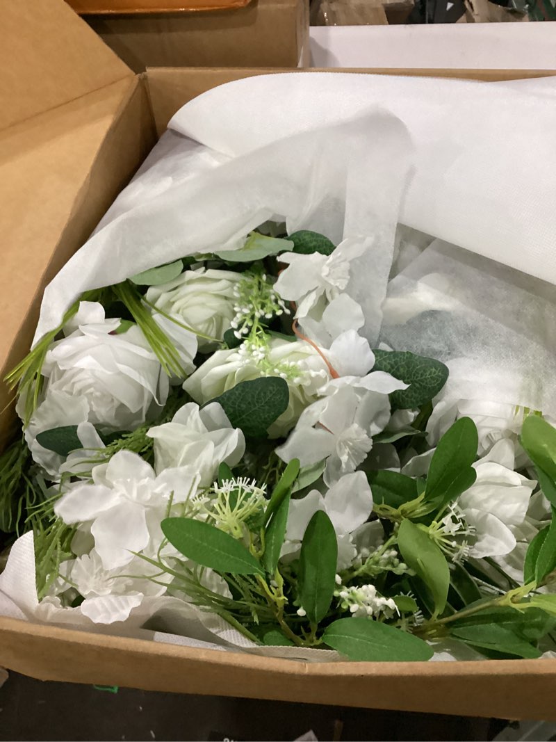 Condition photo showing As Is for ling's moment 17.5" tall free standing artificial flowers arrangements 2 pcs wedding aisle runner chair decorations lily white green centerpieces for ceremony reception rose floral floor party outdoor wht- lily of the valley white