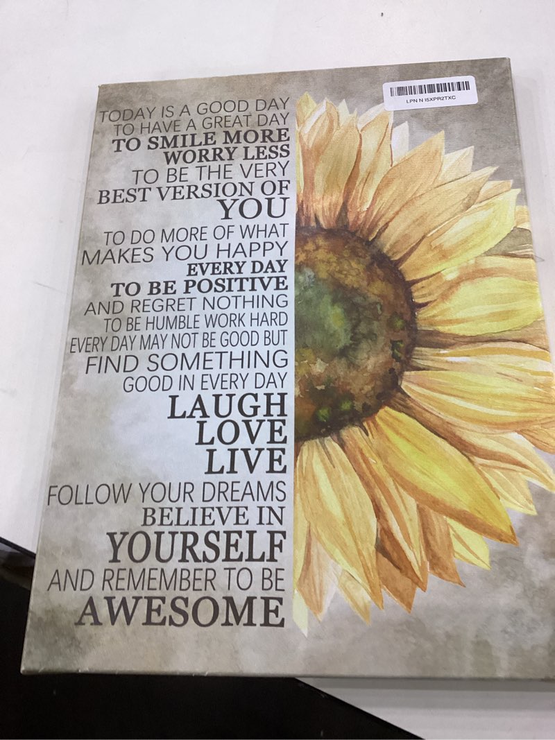Condition photo showing Good Condition for Kas Home Sunflower Wall Decor Inspirational Quotes Canvas Wall Art Rustic Farmhouse Sunflower Artwork for Bathroom Bedroom Office Kitchen Framed Ready To Hang (12 X 15 inch, Yellow - Flower) 15"L x 12"W Yellow - Flower