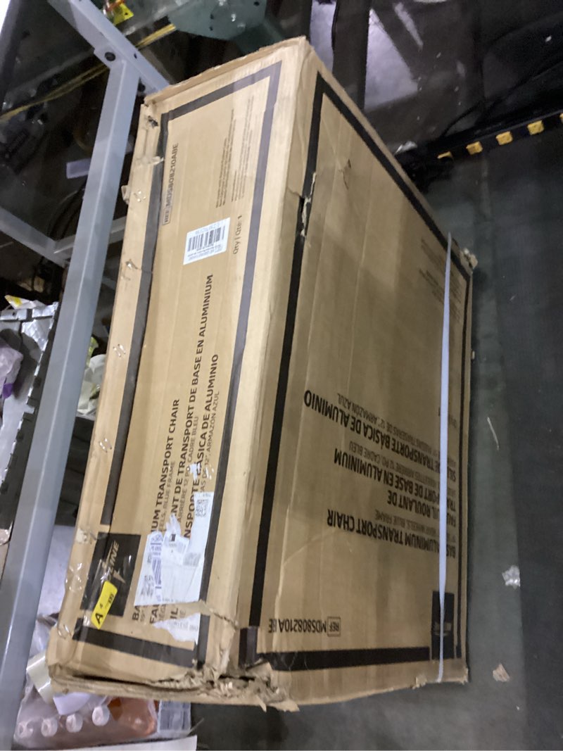 Condition photo showing As Is for Medline Lightweight Foldable Transport Wheelchair with Handbrakes and 12-Inch Wheels  Blue Frame  Black Upholstery