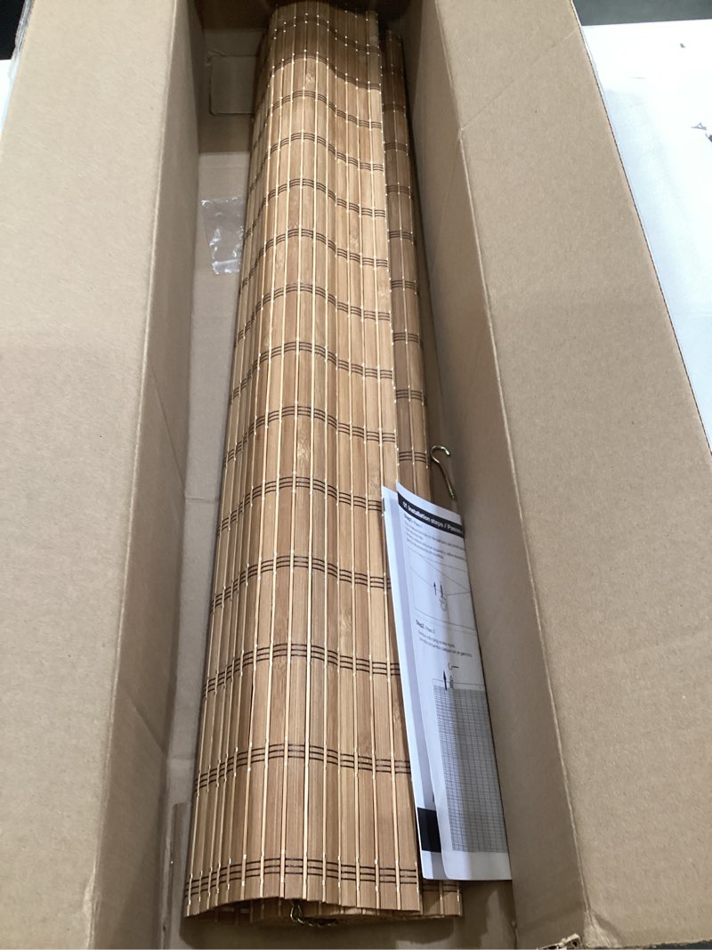 Condition photo showing As Is for bamboo shades for windows,bamboo blinds for outdoor patio,custom size, privacy protection, easy installation, durable & stylish blinds for living room, bedroom, balcony carbonized color 22 wx36 l