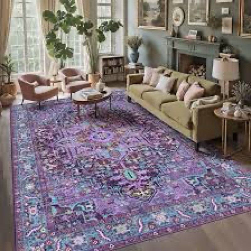 Kokia 9x12 Washable Area Rugs Violet Purple with Vintage Orient Design, Soft Rug for Living Room or 