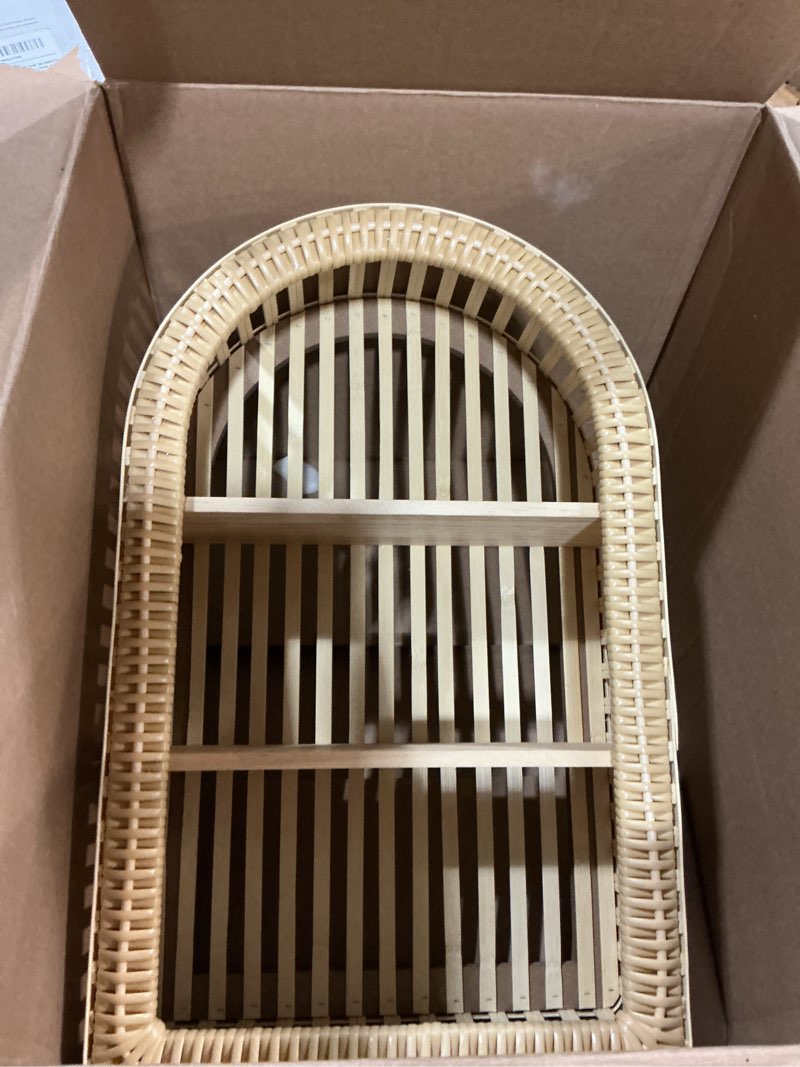 Condition photo showing New/Like New for synovana rattan wall shelf - 3 tier boho arch hanging shelves handcraft floating shelf for bathroom living room wall decor, 15.75" x 23.62"
