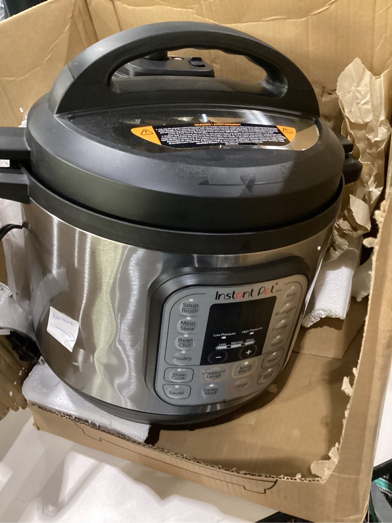 Condition photo showing As Is for instant pot duo 7-in-1 electric pressure cooker, slow cooker, rice cooker, steamer, sauté, yogurt maker, warmer & sterilizer, includes app with over 800 recipes, stainless steel, 8 quart, not tested