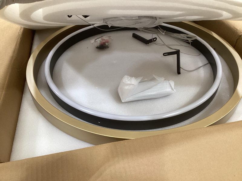 Condition photo showing As Is for modern led chandelier black gold dimmable circular led pendant light with remote ring chandelier dining room light fixtures for kitchen island living room entryway, d23.6 2 rings 23.6 inches black gold