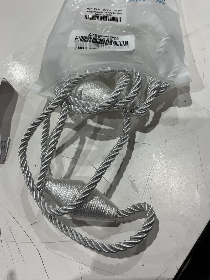 Condition photo showing Good Condition for 4 pack magnetic curtain tiebacks rope modern handmade curtain tie backs decorative drapes weave holdbacks for window décor, silver white 4 pack