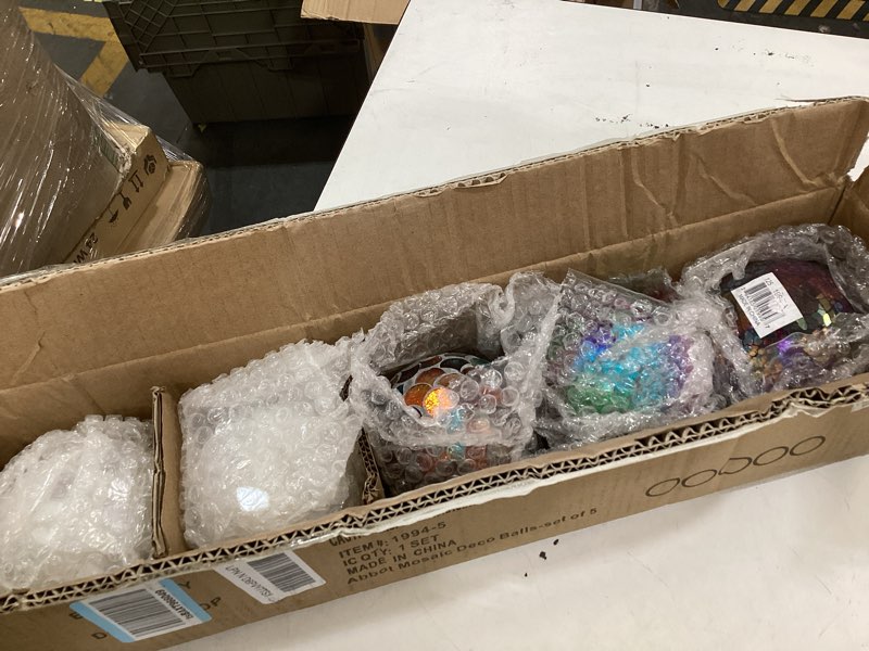 Condition photo showing As Is for decorative glass mosaic sphere balls, 3 inch diameter, set of 5, table centerpiece (multi color)