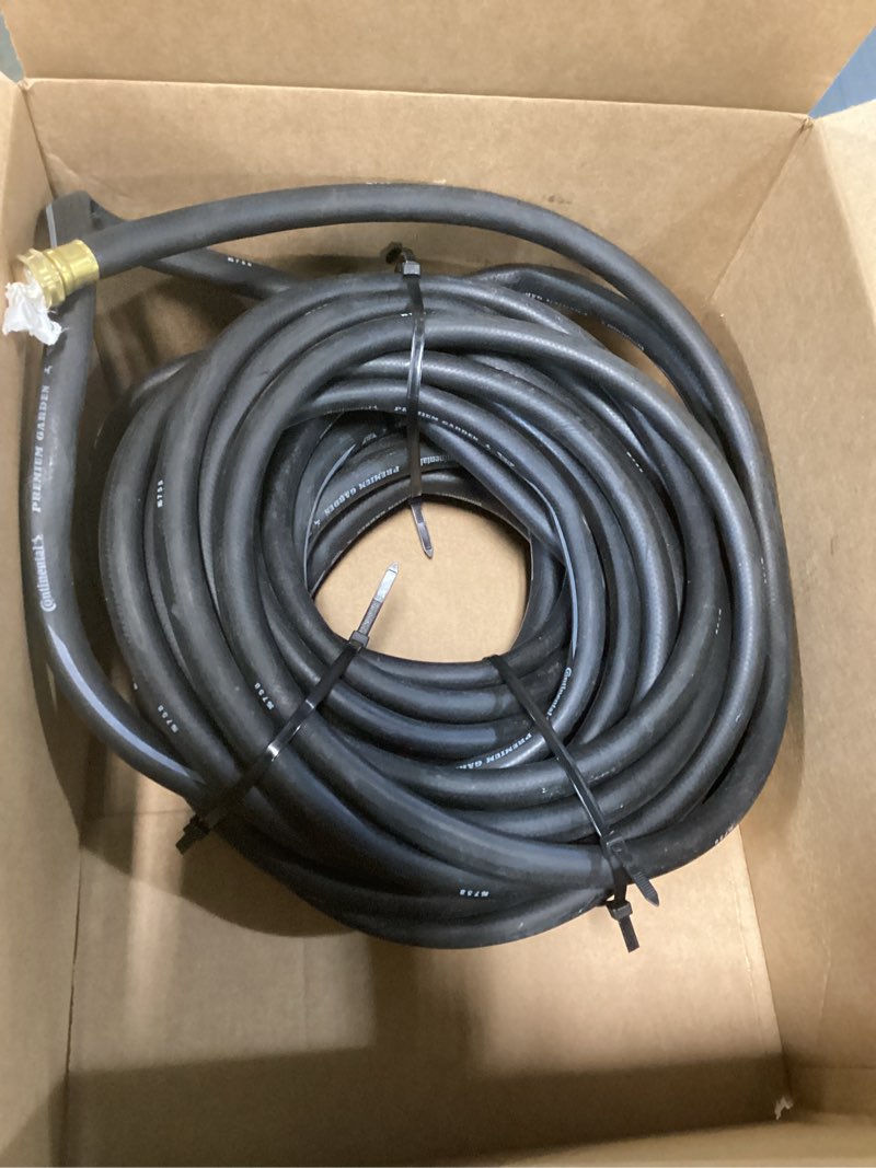 Condition photo showing As Is for continental premium garden black heavy duty cold water garden hose, 5/8in inside diameter x 100ft length, male x female garden hose thread black 100ft