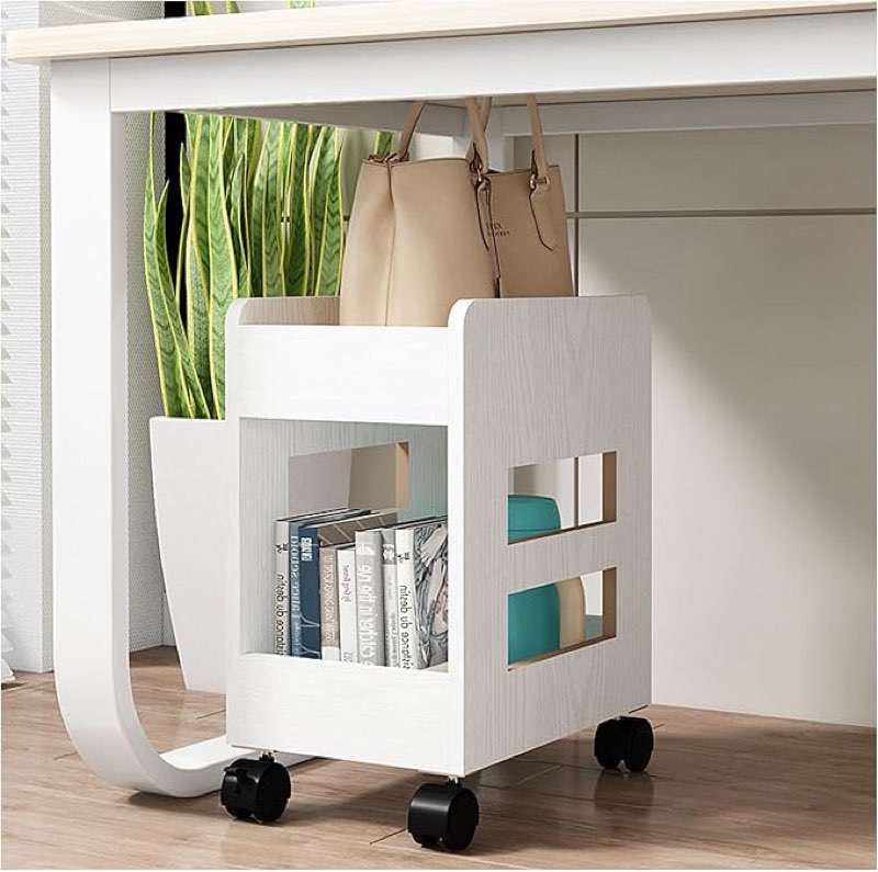 BEKMLOD Wheeled Mobile Bookshelf,2 Tier Mobile Bookshelf,Wooden Bookshelf Under Office Desk and Stud