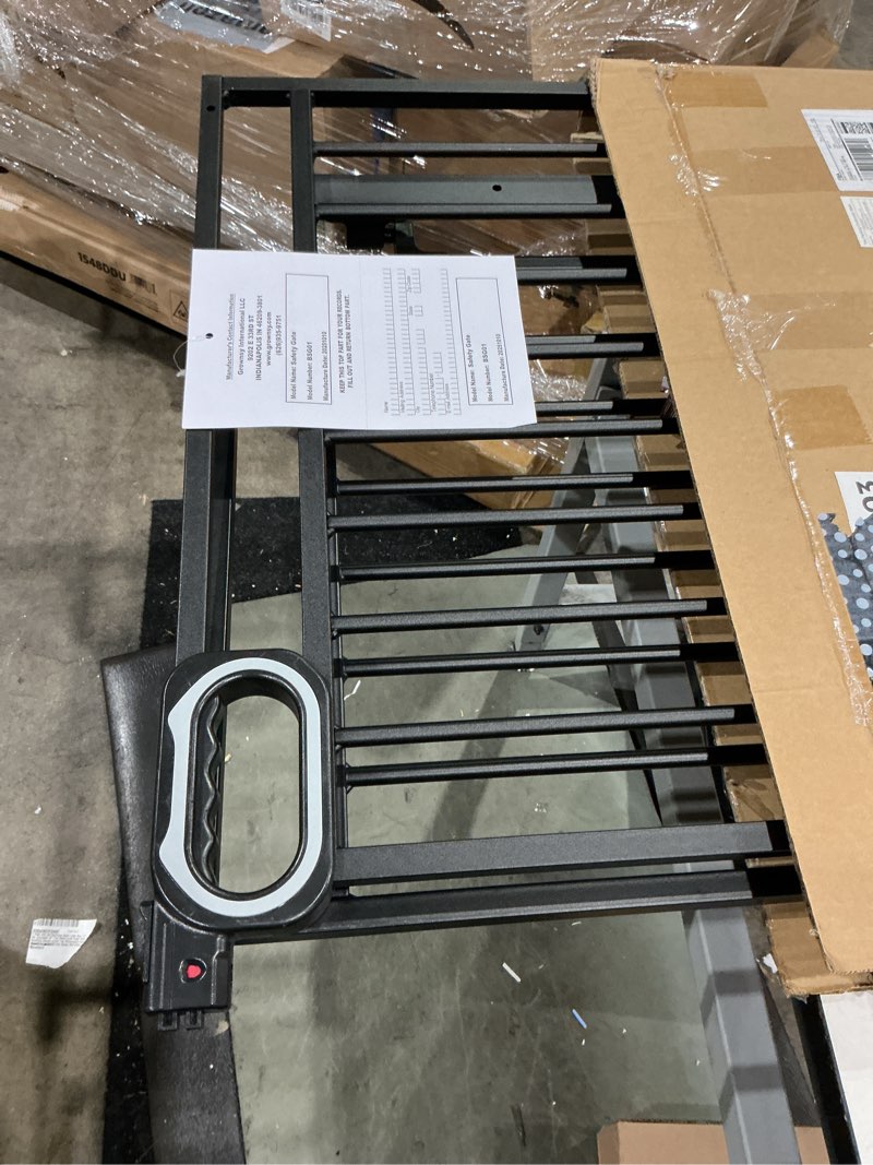 Condition photo showing As Is for grownsy baby gate for stairs- no bottom bar, adjustable width 32” to 48” for child and pet, dog gate with auto-close & one-hand operation, screw-in installation for doorways and indoor use white adjustable width 32"-48"