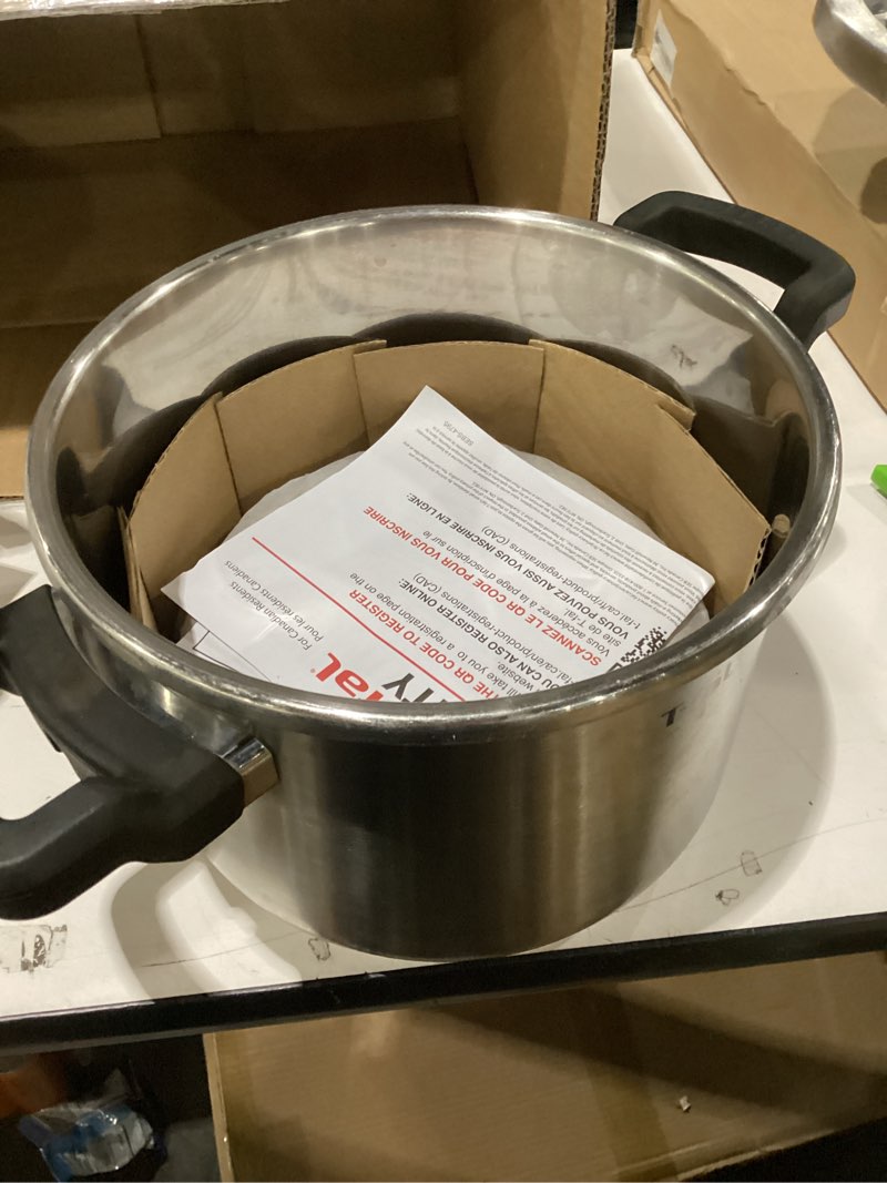 Condition photo showing As Is for T-fal Clipso Stainless Steel Pressure Cooker, 6.3 Quart, Recipe Book, Steam Basket, Easy-Open Lid, Secure Locking System, Adjustable Pressure Valve, Induction Cookware, Pots and Pans, Kitchen, Silver