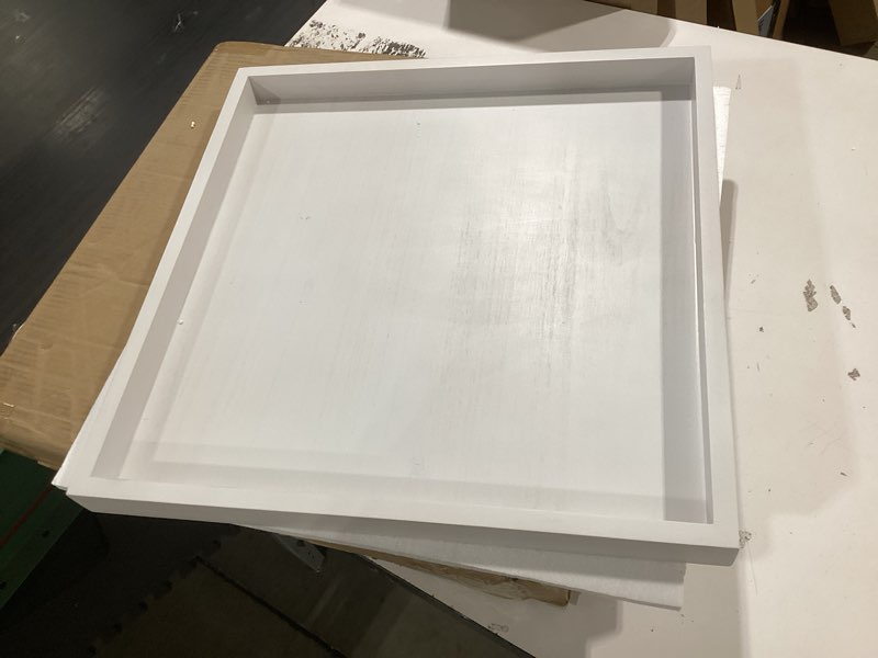 Condition photo showing As Is for ottoman tray for coffee table living room wood serving tray large wooden square 20 inches white white 20" x 20" x 1.6"