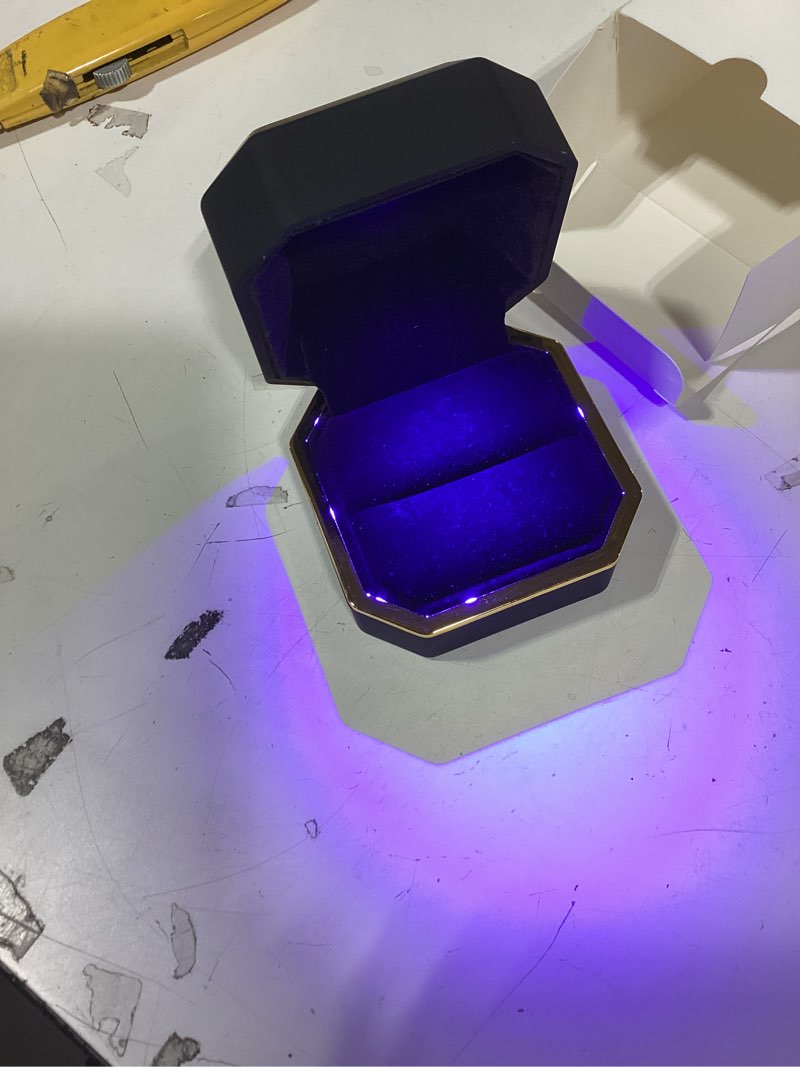 Condition photo showing Good Condition for Luxury Ring Box, Square Velvet Wedding Ring Case Jewelry Gift Box with LED Light for Proposal Engagement Wedding, Black