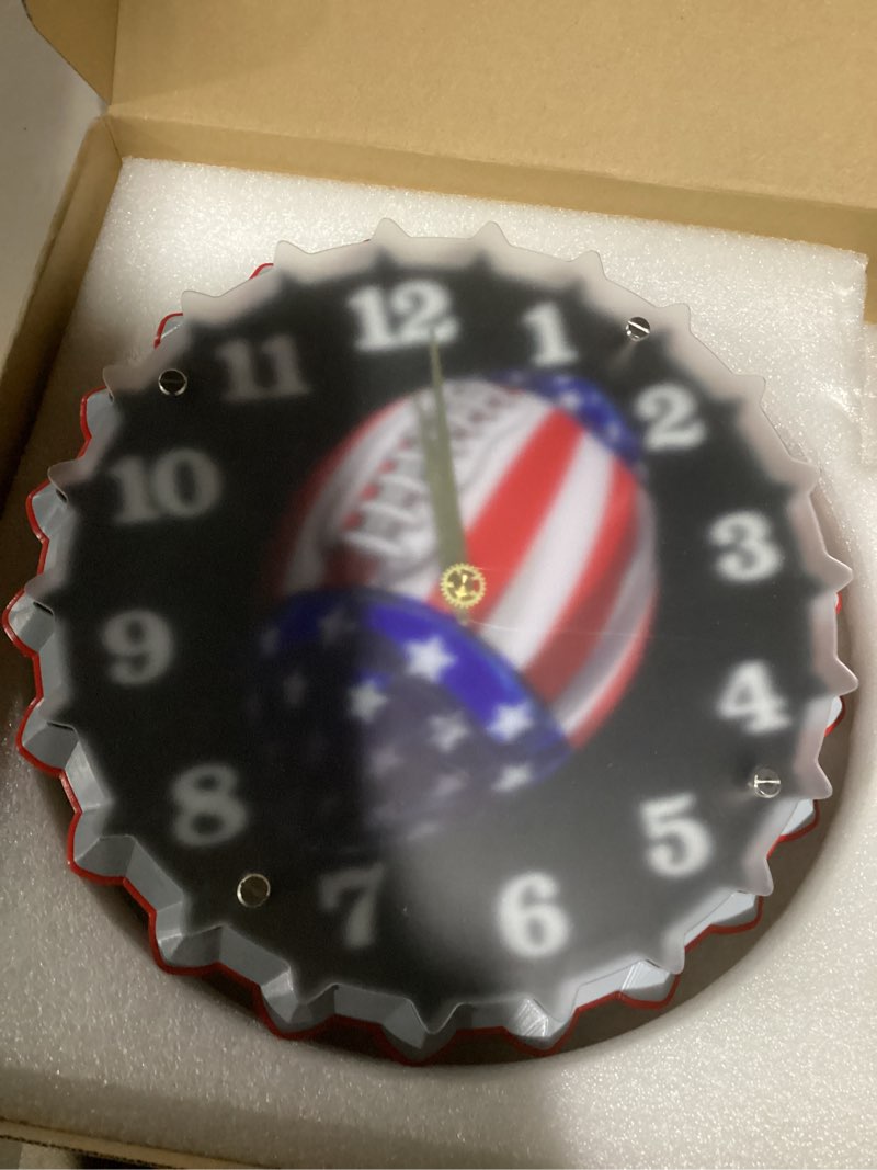 Condition photo showing As Is for Football Wall Clock, 12 Inch neon Wall Clock, Vintage Beer Bottle Cap Design, Stunning 3D Glow Effect, Perfect for Sports Bar/Man Cave/Game Room Decor/Living Room