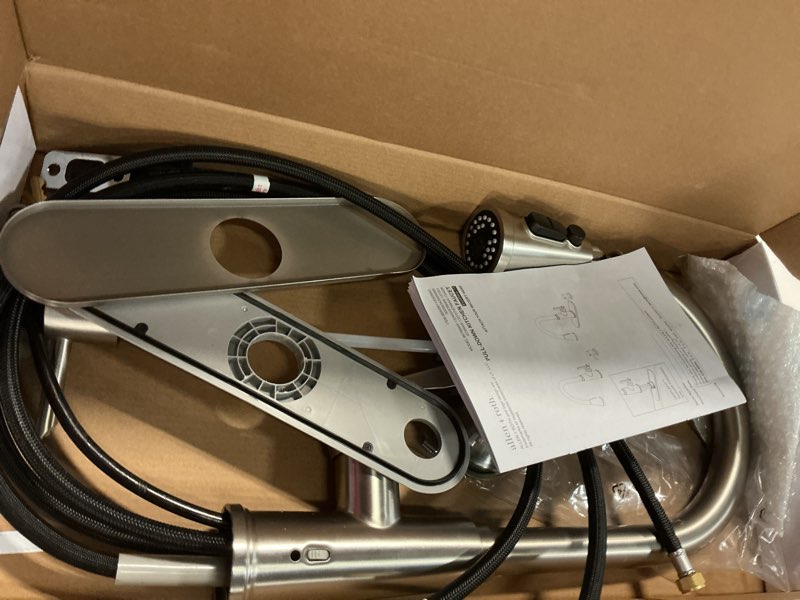 Condition photo showing As Is for allen + roth townley spot free stainless steel single handle pull-down kitchen faucet with sprayer (deck plate and soap dispenser included)