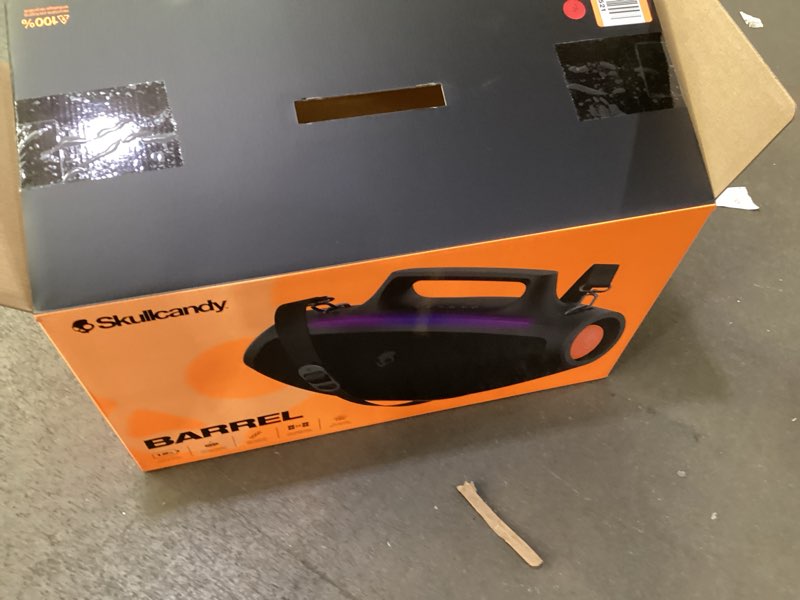 Condition photo showing As Is for Incomplete missing parts *Skullcandy Barrel Bluetooth Boombox Speaker – Water-Resistant Wireless Portable Speaker, with LED Lightshow Mode, 12 Hour Battery, Multi-Link, & USB-C & USB-A Output Charging Black