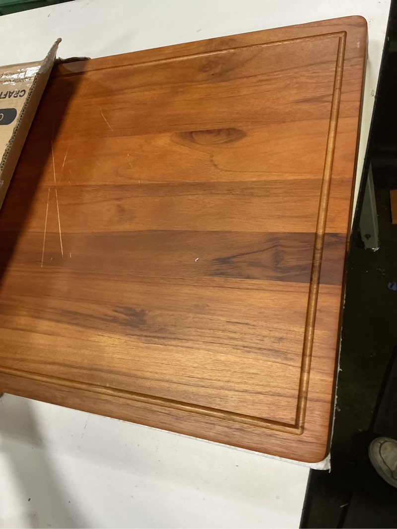 Condition photo showing As Is for Teak Wood Cutting Board with Lip - Wooden Chopping Boards for Kitchen - Serving Platter, Pastry Board, Wooden Cutting Board with Counter Lip, Handles - Juice Groove (Teak, 24"L x 18"W)