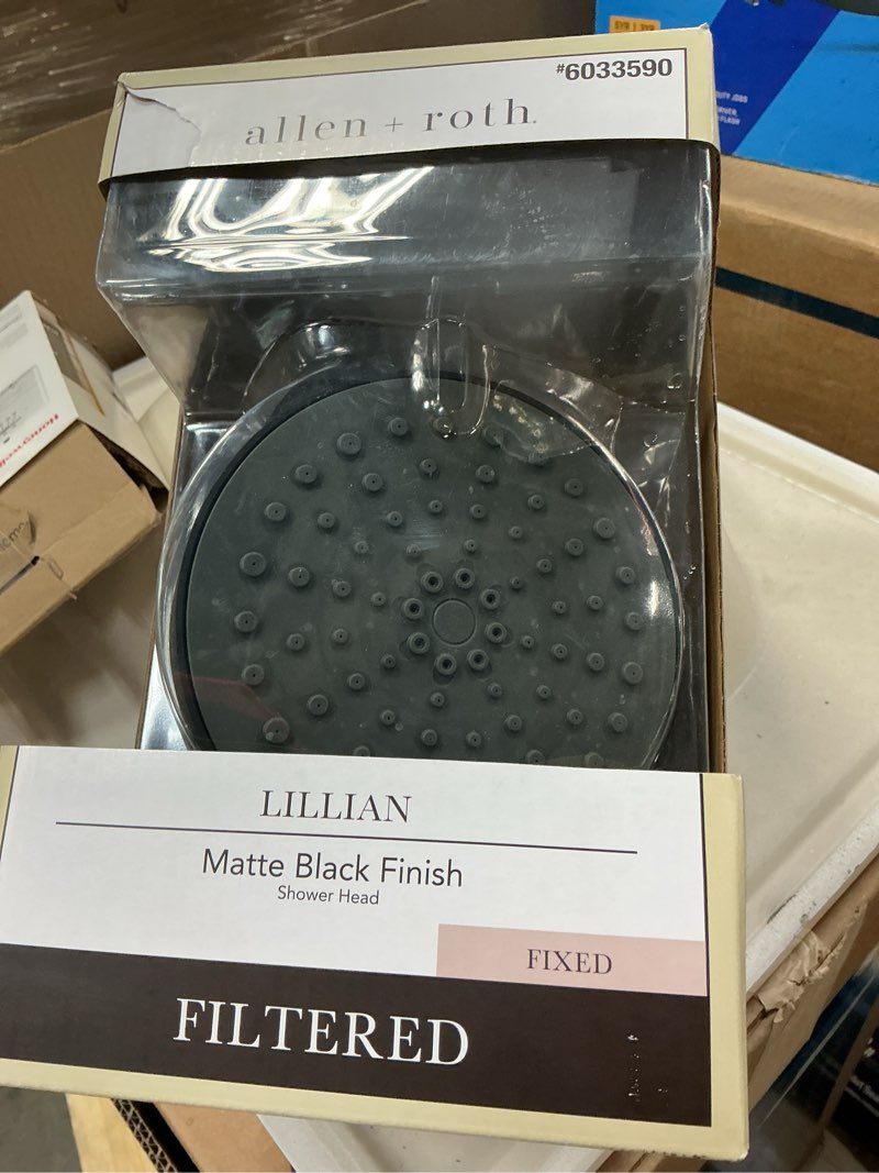 Condition photo showing As Is for  allen + roth lillian 4 -spray matte black 6-in round filtered shower head 1.8 gpm