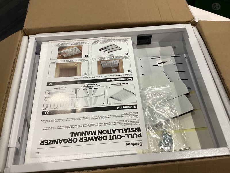 Condition photo showing Good Condition for 2 Pack Pull Out Cabinet Organizer With Raising Pad for Framed Cabinets,Expandable Width (13"-21") and Depth (17"-24"),3 Slide Rails Slide Out Drawers with Handle,No-Drill Roll Out Shelf,White White 13"-21"W x 17"-24"D(2Pack)