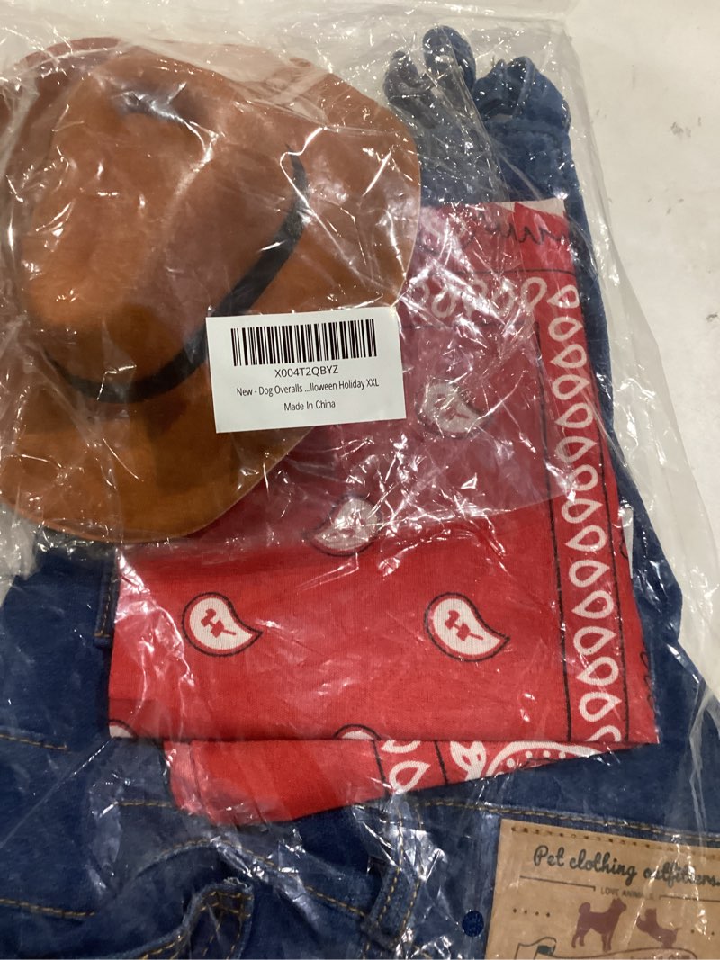 Condition photo showing Good Condition for Dog Overalls with Cowboy Hat & Bandana Scarf - Overalls for Dogs Denim Puppy Costume, Adjustable Dog Jeans Outfit for Small Dogs and Cats - Cowboy Costume XXL Around 25 lb Dogs