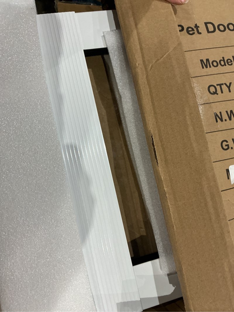 Condition photo showing New/Like New for cat door for window, quick installation adjustable width of 27"-32", cat window door with 4 locking modes, magnetic closure design, weatherproof aluminum frame cat door window insert
