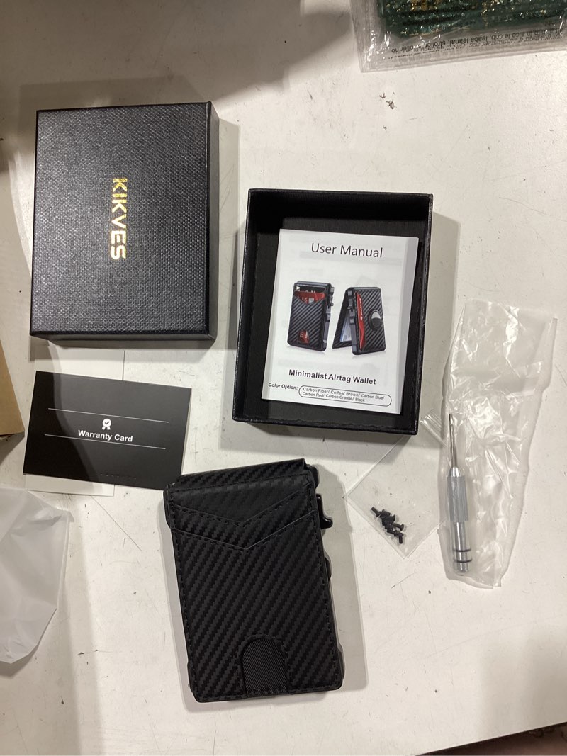 Condition photo showing New/Like New for airtag wallet for men, mens smart wallet for air tag rfid blocking, minimalist bifold pop up aluminum credit card case holder 12+ cards with id window, gift for men, no airtag included, carbon fiber